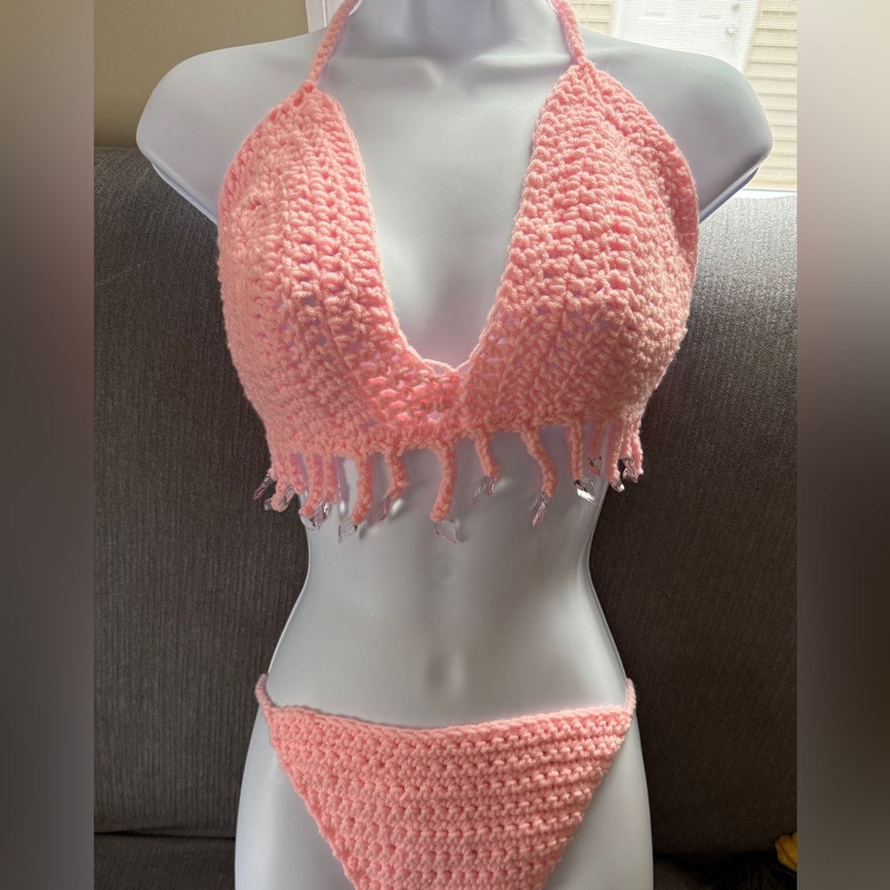 Pink Crochet Bikini top with Fringe Details